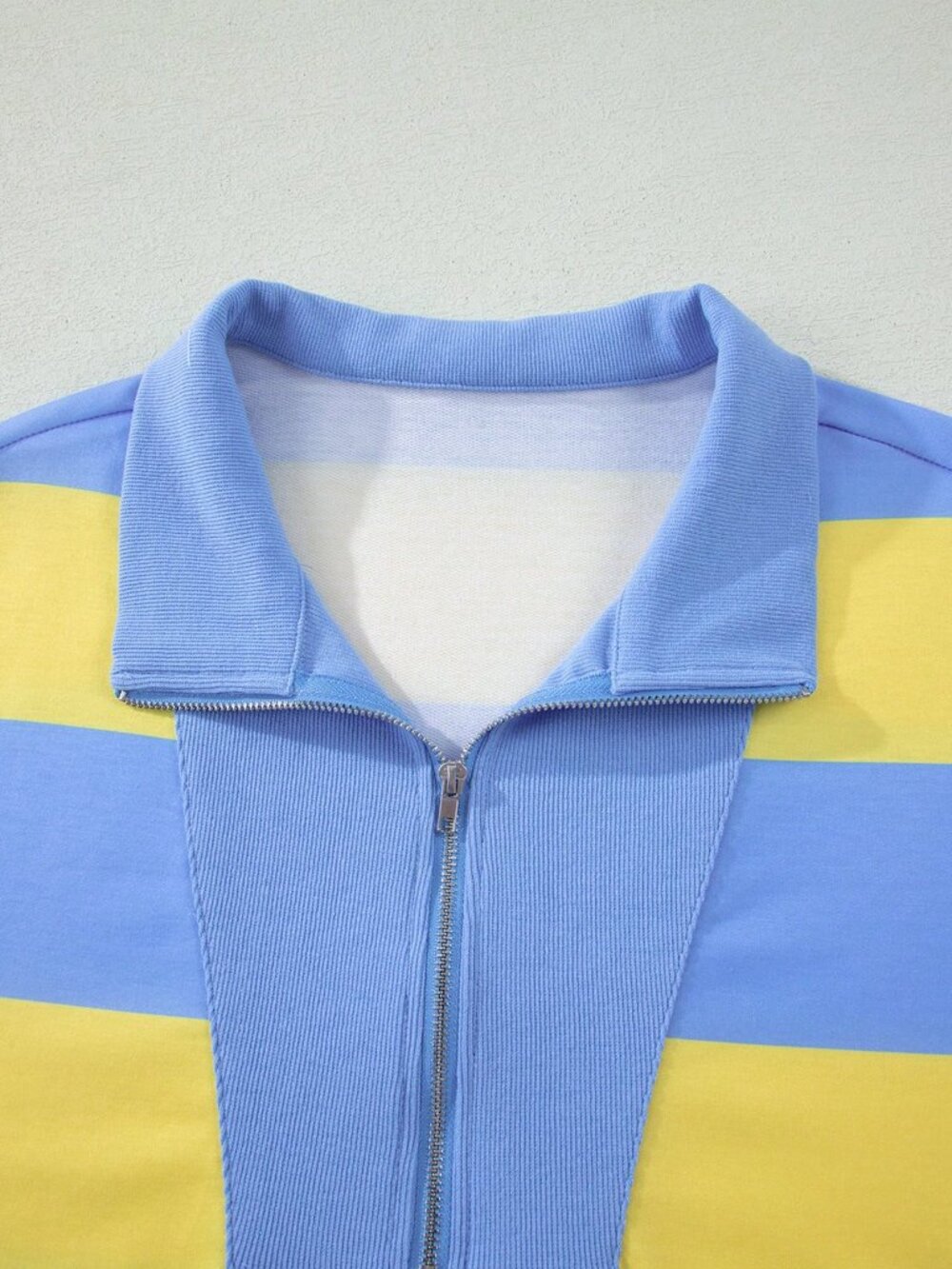 Yellow Casual Women's Light Striped Collared Quarter-Zip Top and Shorts Set - Picture 6 of 9